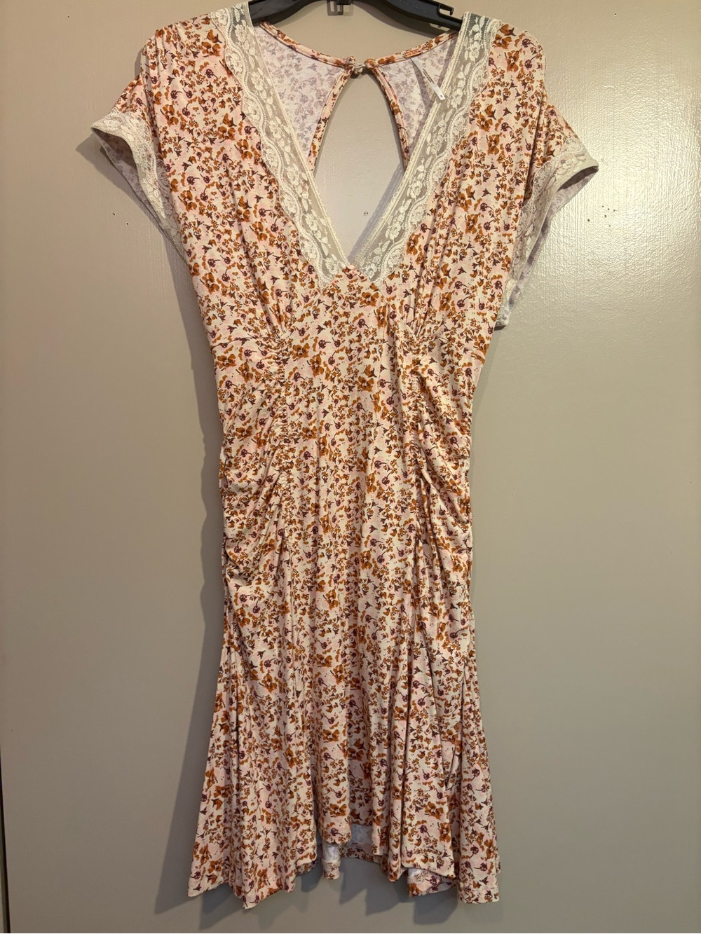 Free People Cream, Rust & Pink Floral Lace-Trim Mini Dress never worn